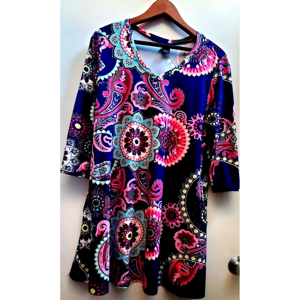 Lildy Tunic Sheath Dress Knit Paisley L-XL Navy/Pink/ Yellow Poly & Sateen Blend